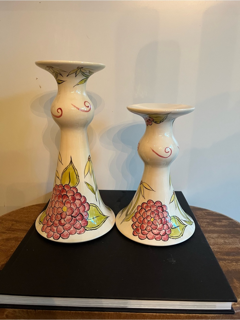 One of kind / Rare  Hand-Painted Ceramic Candle Holders in Cream, Pink and Green